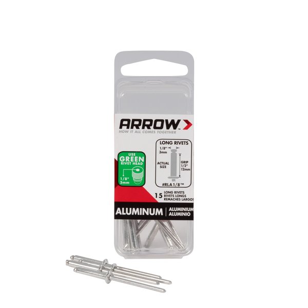 Arrow Fastener Rivet, 1/8" Dia., 1/2" L, Aluminum Body, 15 PK RLA1/8